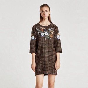 Zara Brown Tweed Shift Dress Floral Embroidered Neckline 3/4 Sleeve Size S
